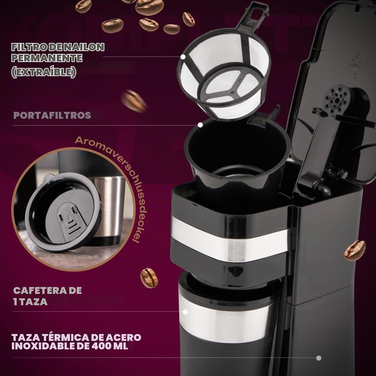 Clatronic Cafetera | Taza de café To Go 400 ml | para todo tipo de soportes de bebidas (por ejemplo, coche) | Cafetera de filtro | Filtro de nailon permanente | Vaso de acero inoxidable con tapa