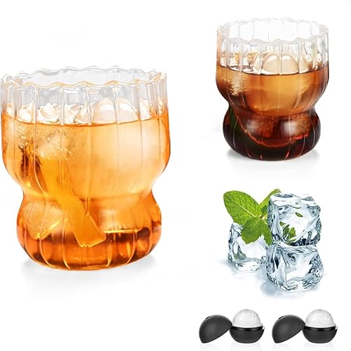 Vasos de cóctel de rayas verticales, paquete de 2 vasos de vidrio estilo origami de 9 onzas, copas de vino en forma de onda, taza de postre, taza de