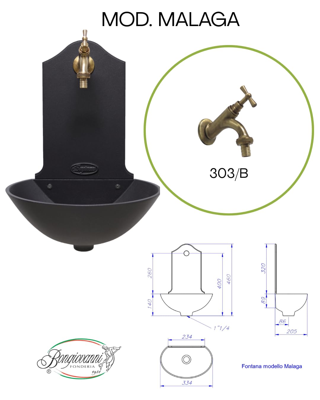 Fonderia Bongiovanni Fuente de jardín | Fuente de pared | Modelo Málaga | con grifo latón bruñido 303B | para casa jardín | fuente de exterior | fuente de jardín exterior
