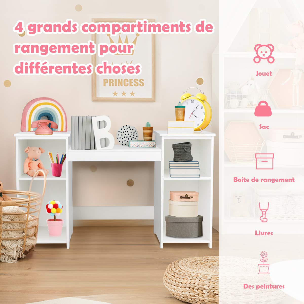 Coiffeuse Enfant 2-en-1 DREAMADE Blanc – Table Maquillage Princesse + Bureau, Miroir Triptyque Amovible, 4 Étagères