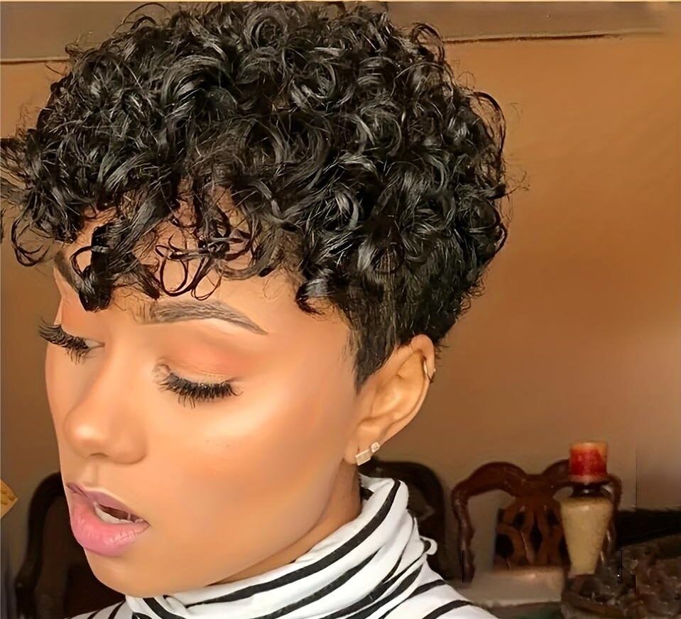 short curly pixie cut wigs with bangs human hair for black women non lace full machine made rose net cap human hair pixie wig brazilian virgin glueless bob wig human hair short layered wigs for women 2#