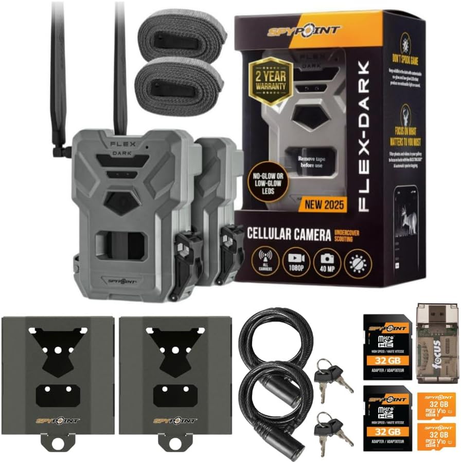 SPYPOINT Flex-Dark GPS-Enabled Cellular Trail Camera (Gray, 2-Pack) Bundle with Security Box, MicroSD 32GB Class 10 Memory Card, Cable Lock, and Card Reader (8 Items)
