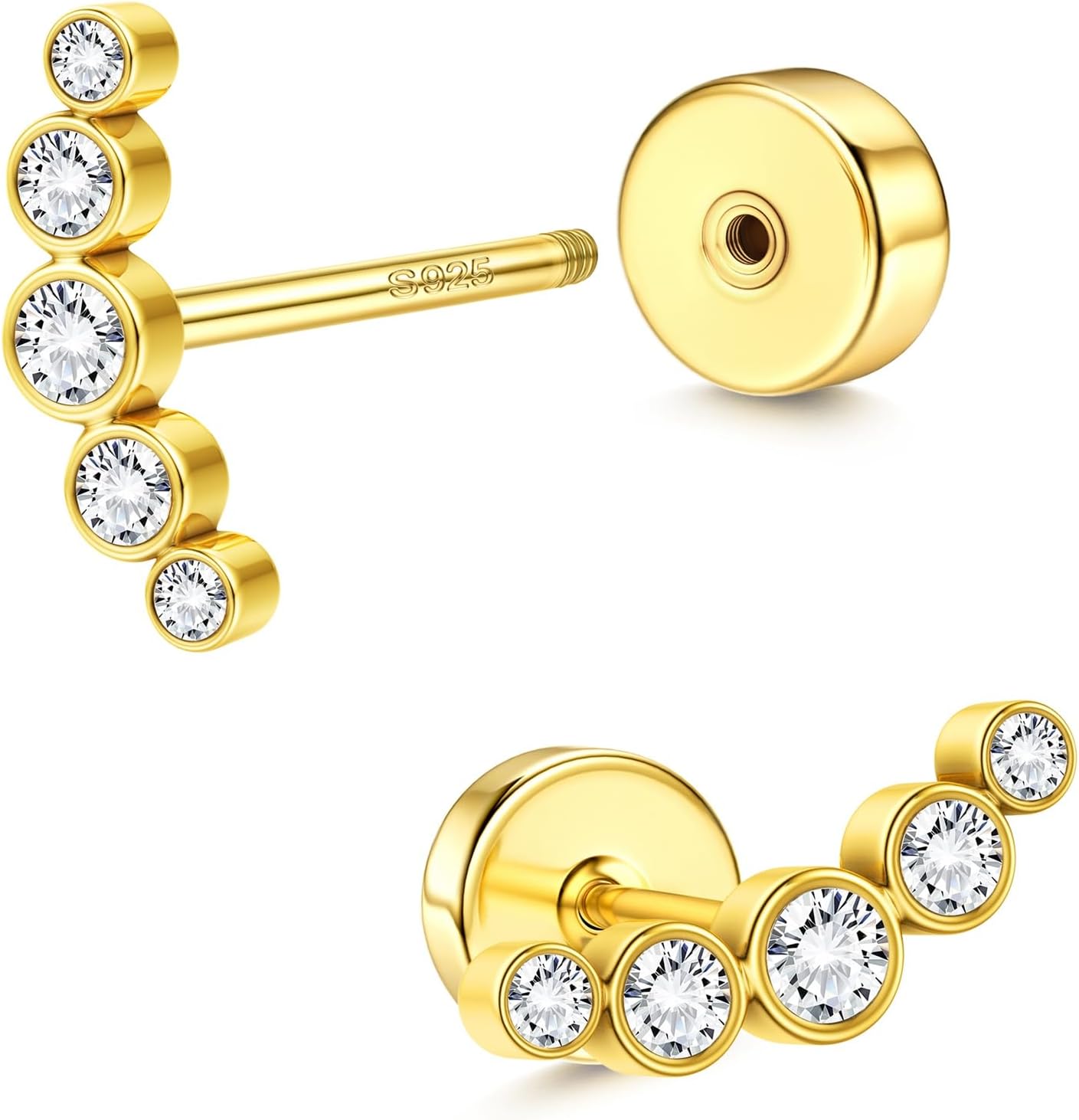 ZELORES 20G Sterling Silver Post Flat Back Earrings for Women Stud Earrings Cartilage Tragus Conch Helix Piercing Jewelry for Multiple Piercing Dainty 18K Gold Plated