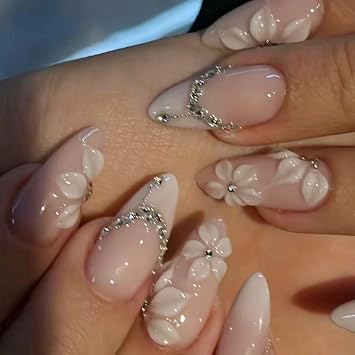 QQPPOLIU French Tip Press on Nails Almond Medium With Rhinestone and Flower Design Gradient Glue on Nails for Women and Girls 24pcs