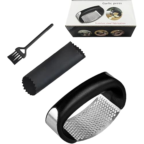 Stainless Steel Garlic Press Rocker Set - Premium Garlic Mincer With Silicone Peeler & Scraper - Arc Shape Design Garlic Crusher With Comfortable Grip (black)