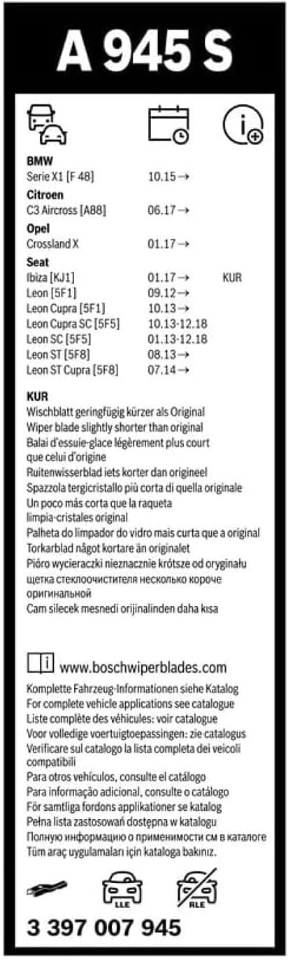 Bosch Aerotwin Aerotwin eA 945 S - Jeu de 2 Balais d'essuie-glaces de Remplacement Avant - Livrés avec Adaptateur Pré-assemblé - 650 mm / 400 mm - Boîte réduite pour moins de déchets