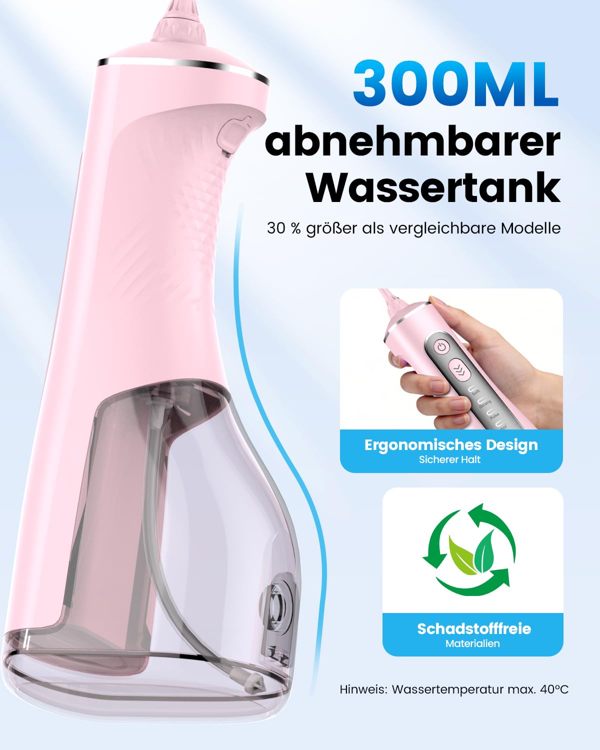 JTF Irrigatore Orale Senza Fili, 300 ML Idropulsore Dentale Portatile, 3+1 Modalità Professionale Elettrico Water Flosser per Pulizia Denti, Impermeabile IPX7 per Viaggi a Casa di salute orale（Rosa）