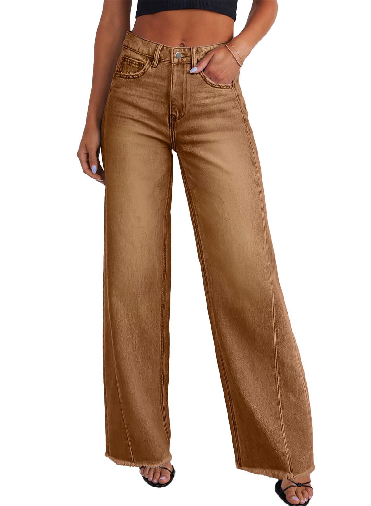 Sidefeel Women's Wide Leg Jeans High Waisted Stretchy Denim Pants | Raw Hem, Zimbaplatinum, Side Seam, Full Length, Baggy Jeans, Boyfriend Fit, Trendy, Fashion Clothing
