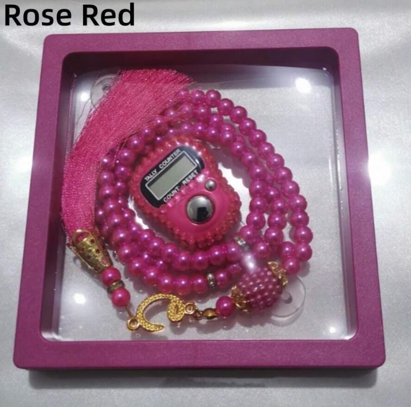 Image of Digital Prayer Counter Tasbih with Display Screen, Pink Pearl Beads, Decorative Frame Display