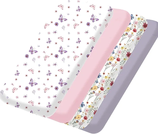 bimocosy Mini Crib Sheets,Pack and Play Sheets for Baby Girl Boy 4 Pack,Size 38"x 26" for Playard Mattress,Portable Mini Crib,Soft Pack N Play Sheets Fitted,Butterfly/Floral/Pink/Purple