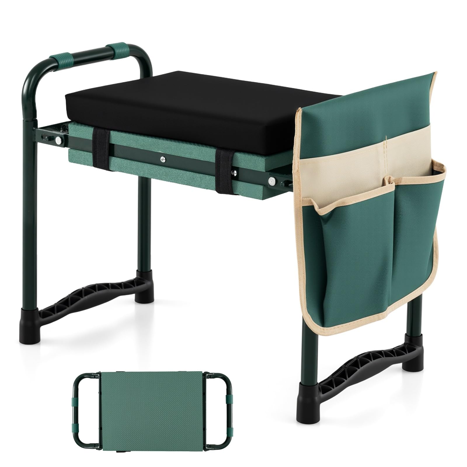 2-in-1 Garden Kneeler and Seat, Folding Garden Seat w/EVA Foam Kneeling Pad &amp; Removable Tools Pouch, Sturdy Steel Frame, No Assembly, Portable Heavy Duty Garden Stool w/Detachable Armrests