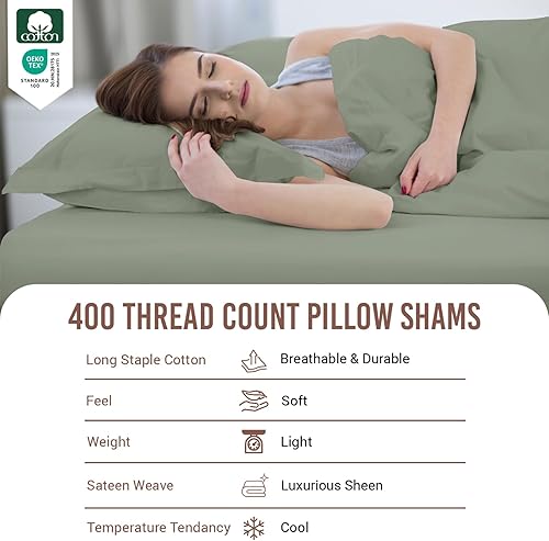 Miniatura 4 de Pizuna Fundas de Almohada de Algodón Puro 100% Tamaño Queen Juego de 2 Color Espuma de Mar, Lujoso Satén de Algodón de Fibra Larga de 400 Hilos con