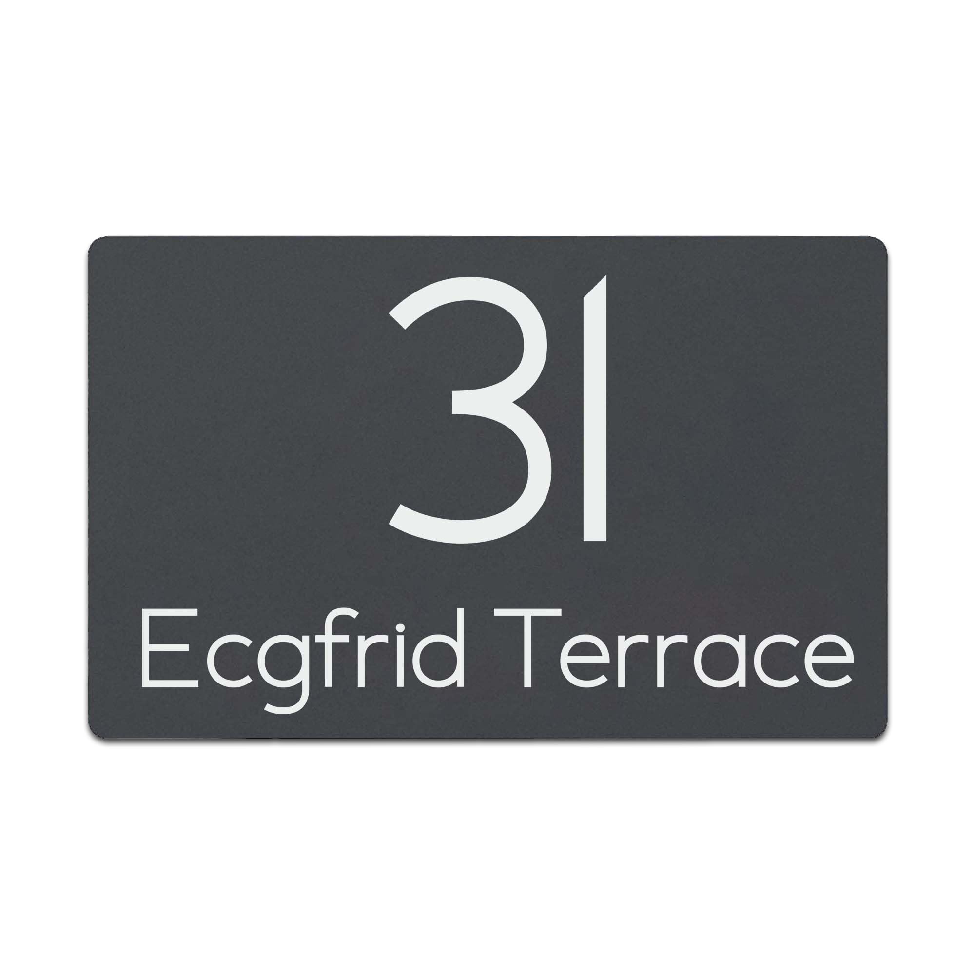 KreateSquare Personalised House Sign Custom Door Plaque | Engraved Address Plate Outdoor Grey Aluminium | Modern House Number Sign for Home, Wall, Gate | 200 x 130 mm (Design 3)