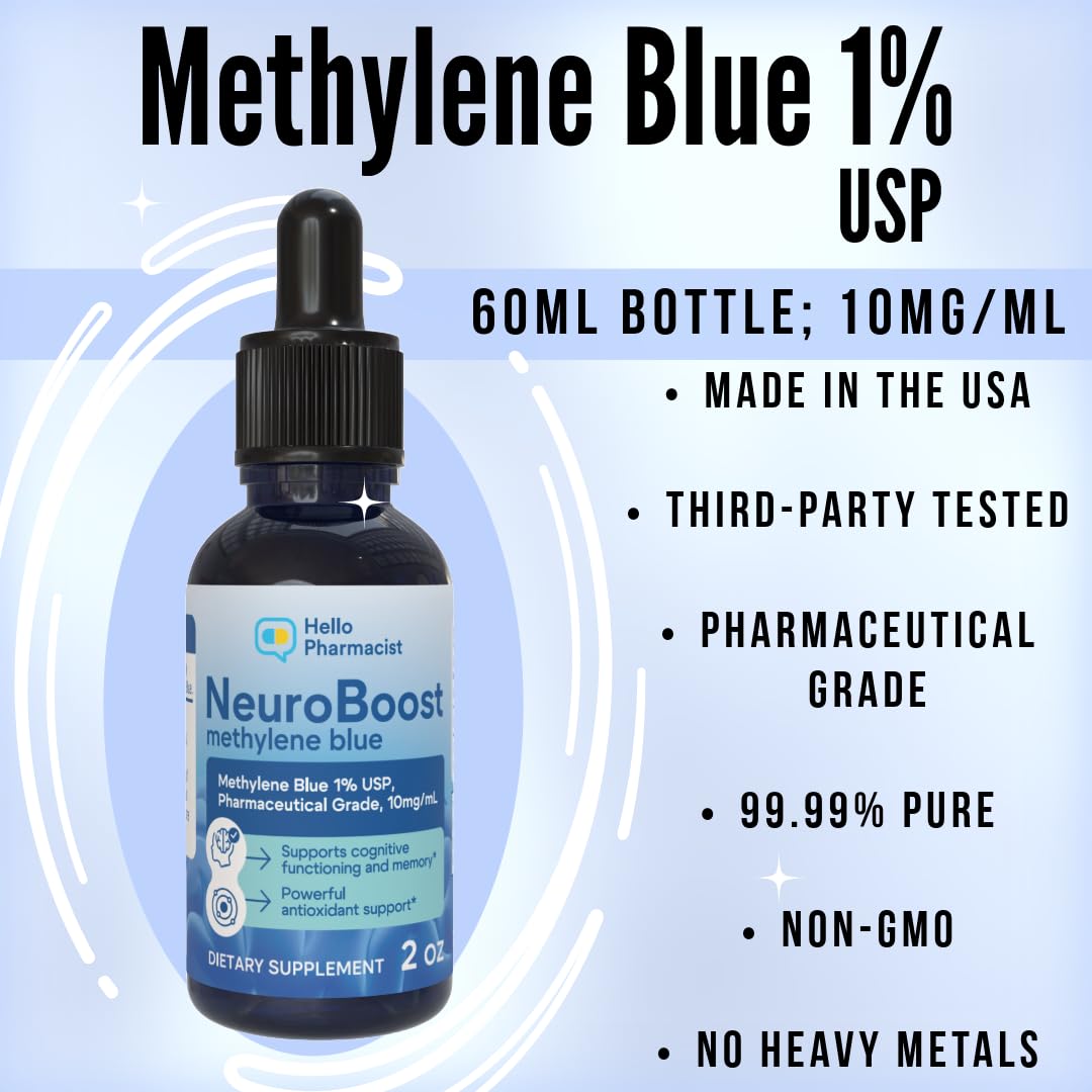 HelloPharmacist NeuroBoost Methylene Blue 1% - 2Oz (60 mL) - Pharmaceutical USP Grade 99.99% Purity - Lab Certified - Made in The USA - 1mL Graduated Dropper (10mg/1mL) - Trusted Brand