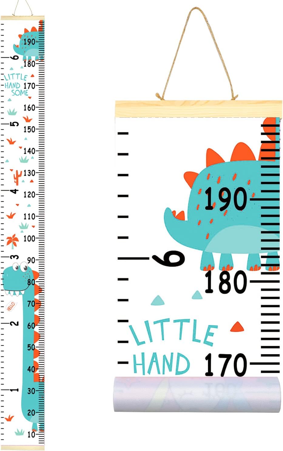 Sylfairy Kids Growth Chart, Wall Ruler Wood Frame Fabric Canvas Removable Height Measure Chart for Boys Girls Growth Ruler Unicorn Wall Room Decoration 79''7.9''๏ผGreen Dinosaur)