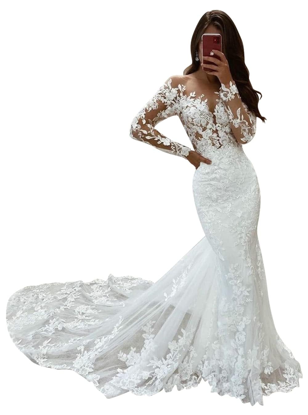 Langarm Meerjungfrau Brautkleid Standesamt Hochzeitskleider Tüll Brautkleider mit Schleppe, Ivory, 38