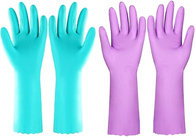 Eygood Latex Free Washing up Gloves, Non-Slip Dishwashing Gloves with Cotton Lining Household Gloves Reusable Cleaning Gloves for Kitchen, Bathroom, Gardening (Blue+Purple, 2 Pairs)