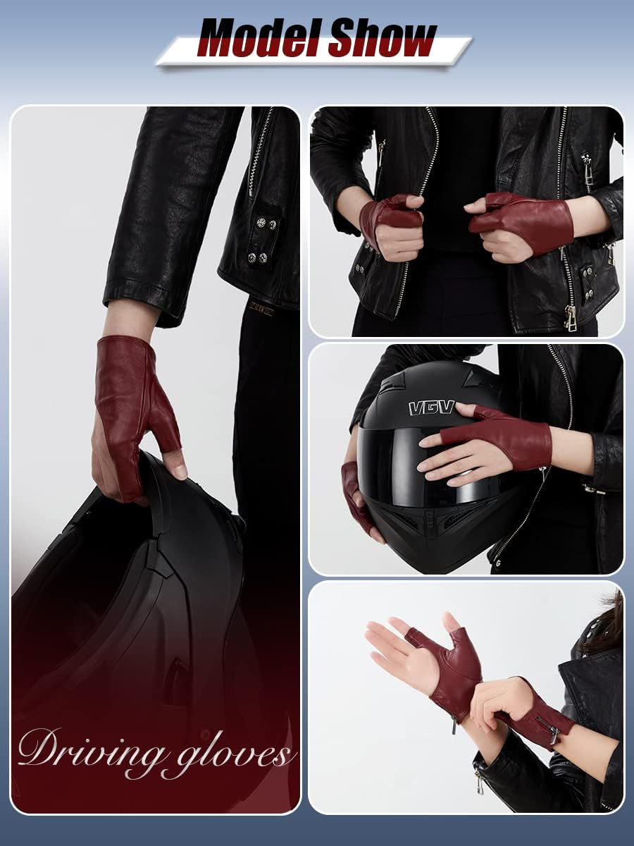 FIORETTO Womens Fingerless Leather Gloves Unlined Leather Driving Gloves Dancing Performance Punk Half Finger Gloves 160005 - Image 2