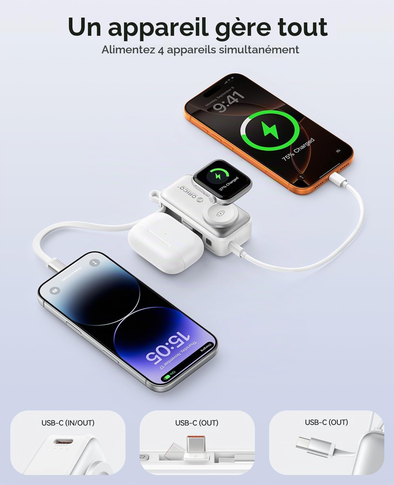 ORICO Mini Batterie Externe 5000mAh, Compatible avec Apple Watch et iPhone | Charge rapide PD 22,5W, connecteur USB-C pliable, câble USB‑C intégré, Blanc
