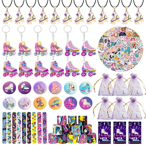 122 PCS Roller Skate Party Favors Skating Party Supplies with Key Chains Button Pins Stickers Rubber Bracelets for Hip Hop Disco 80s 90s Themed Party (style 2)