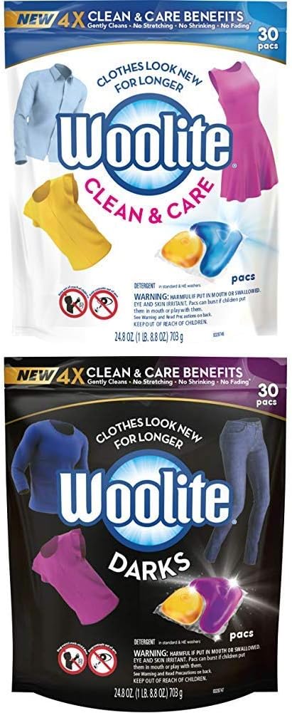 Woolite Clean & Care and Darks Pacs, Laundry Detergent Pacs, 30 Count, for Standard and HE Washers