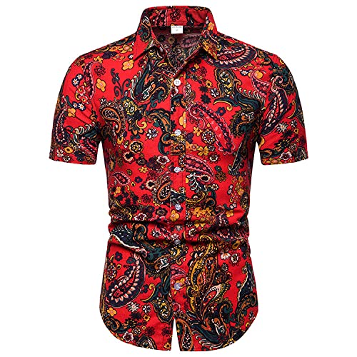Chemise hawaïenne vintage rouge en coton lin pour vos soirées d'été