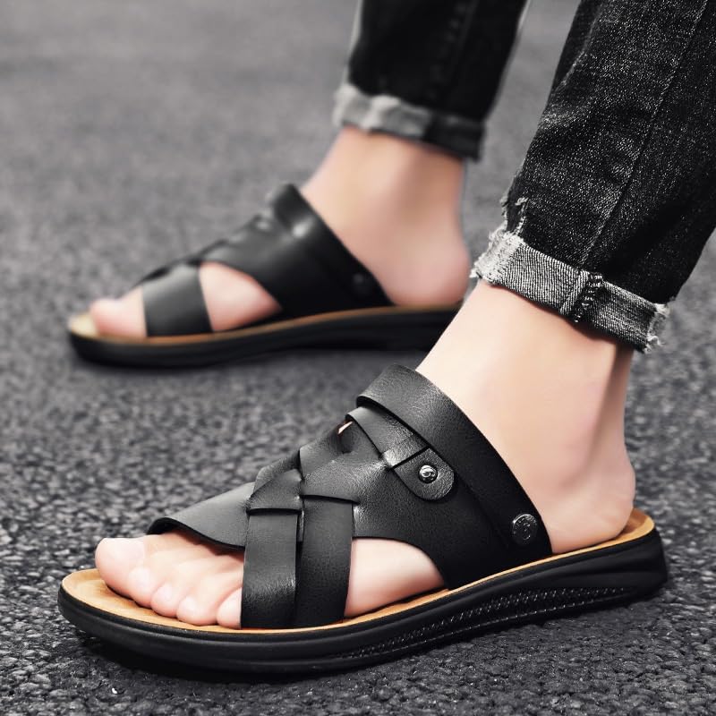 Mens Leather Sandals,Summer Comfy Outdoor Adjustable Ankle Strap Flat Slip On Sandals For Men's2