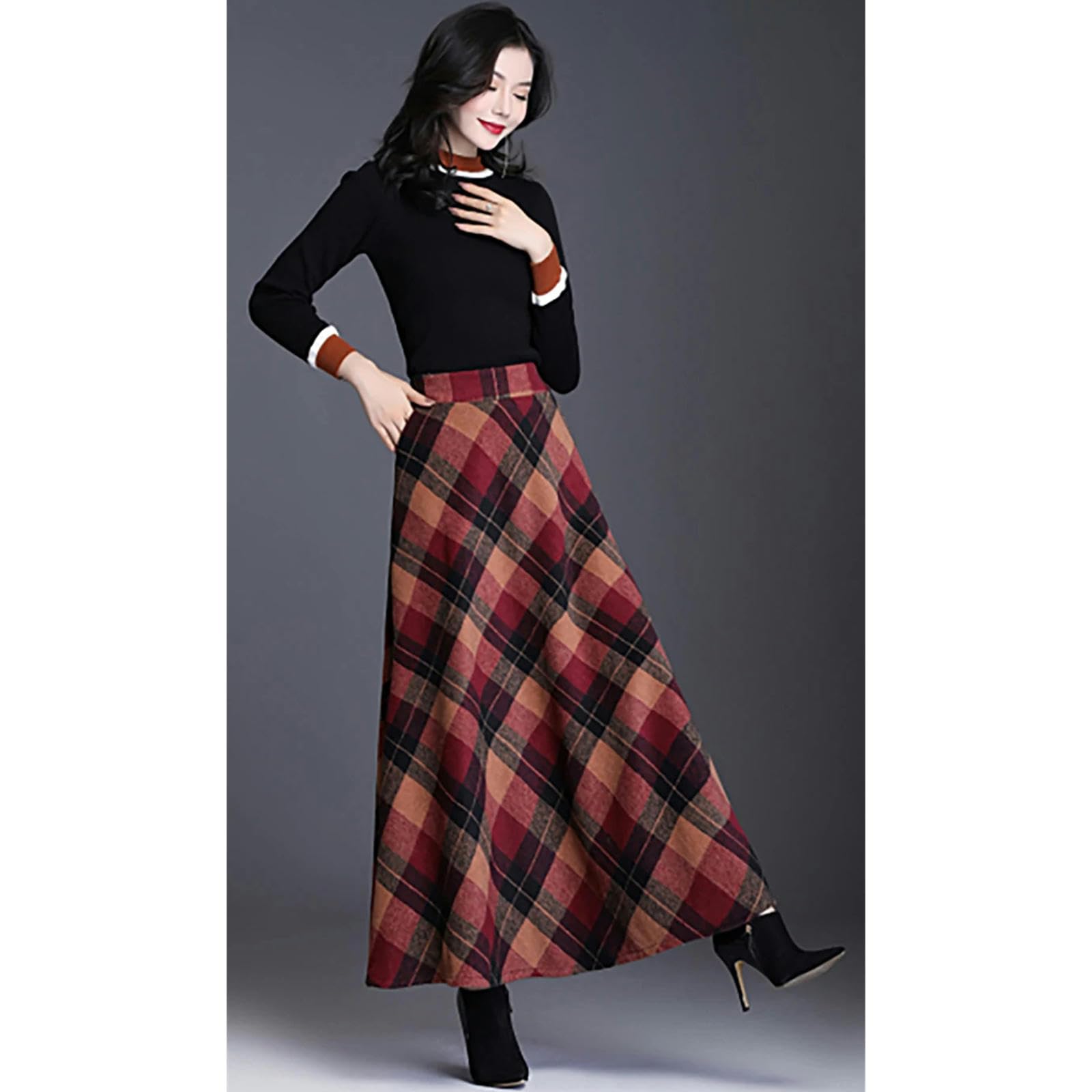 Damen Rock Frauen Hoher Taillenrock Vintage Falten Eine Linie Flared Skater Länge Midi Swing Kleid-Khaki -Rock-XXXL