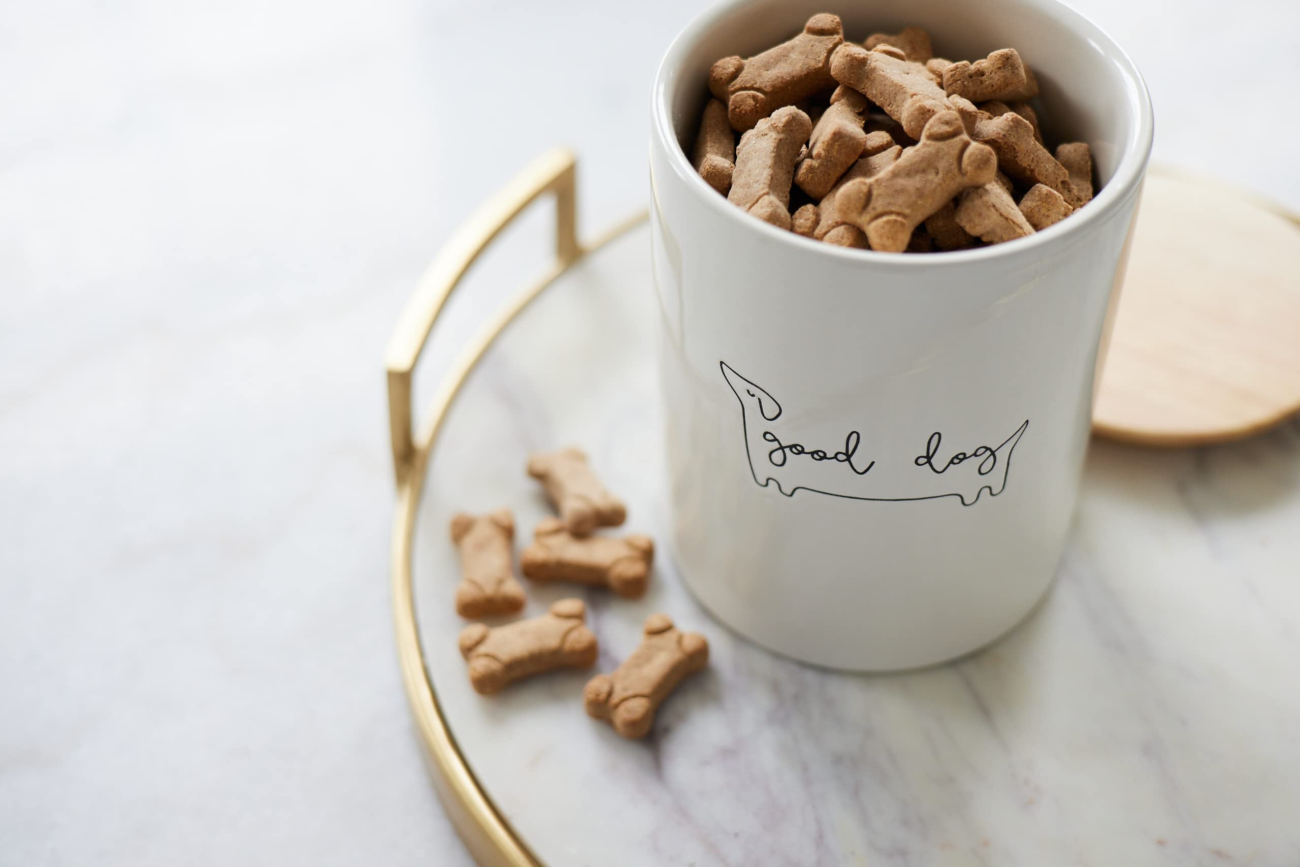 Pearhead Good Dog Treat Jar, Ceramic and Wood Pet Treat Canister, Neutral Modern Kitchen Decor, Pet Accessories, Dog Biscuit Storage Jar