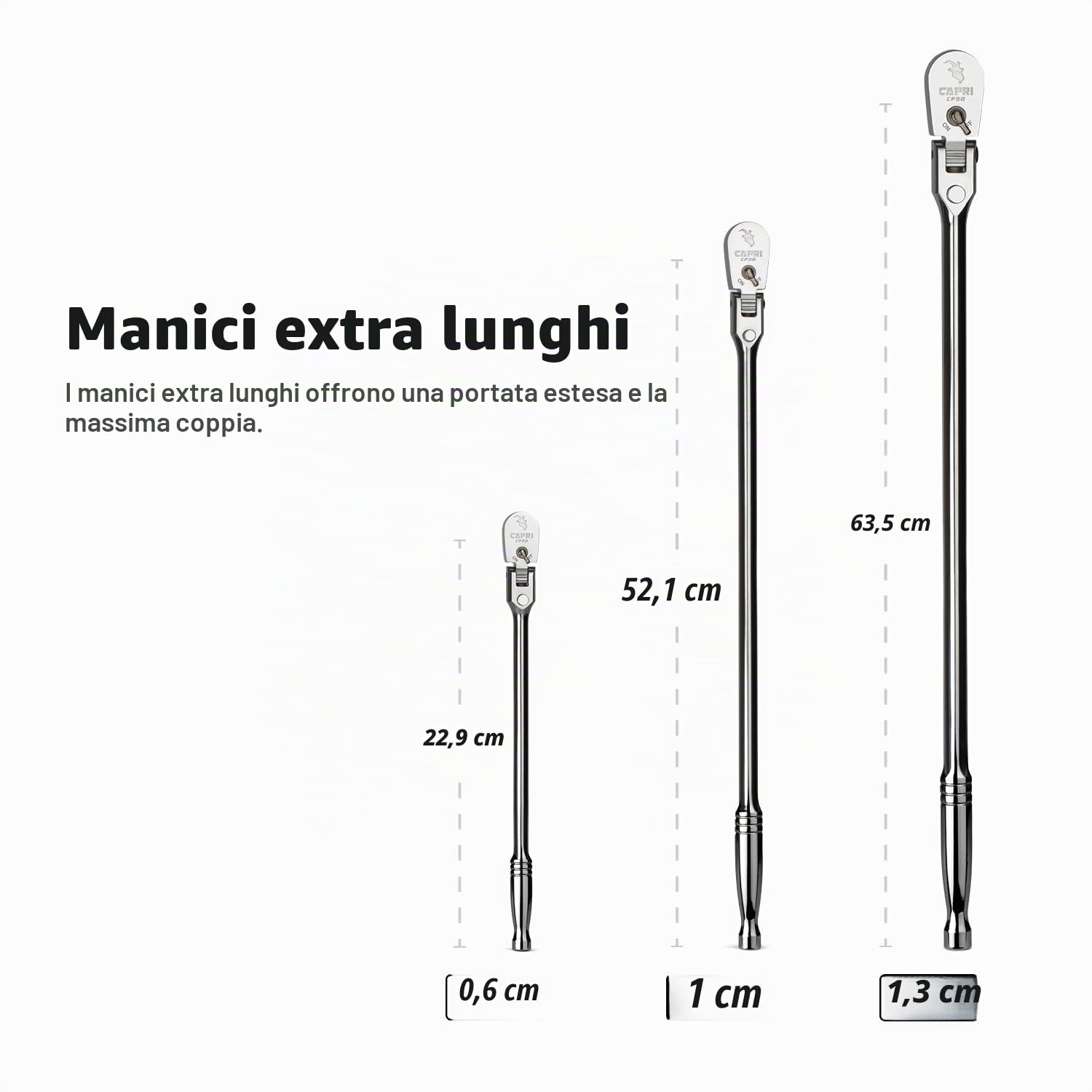 Capri Tools Set di 3 chiavi a cricchetto con testa flessibile a 90 denti, impugnatura extra lunga cromata, attacco da 1/4, 3/8, 1/2"