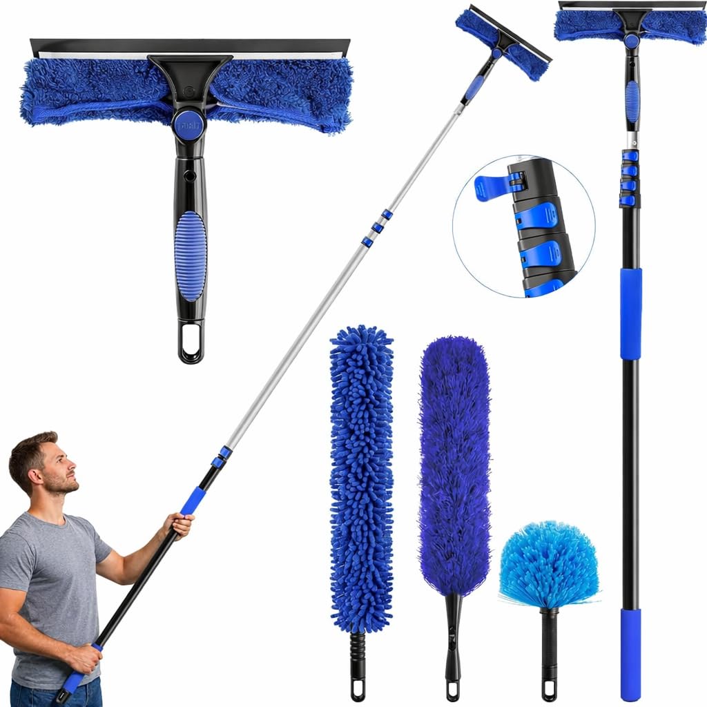 wlich Kit de plumero de alto alcance de 26 pies, ventilador de aluminio de 5 a 20 pies, juego de limpiador de ventanas, versátil juego de polvo con 5 cabezales reemplazables para limpiar ventiladores