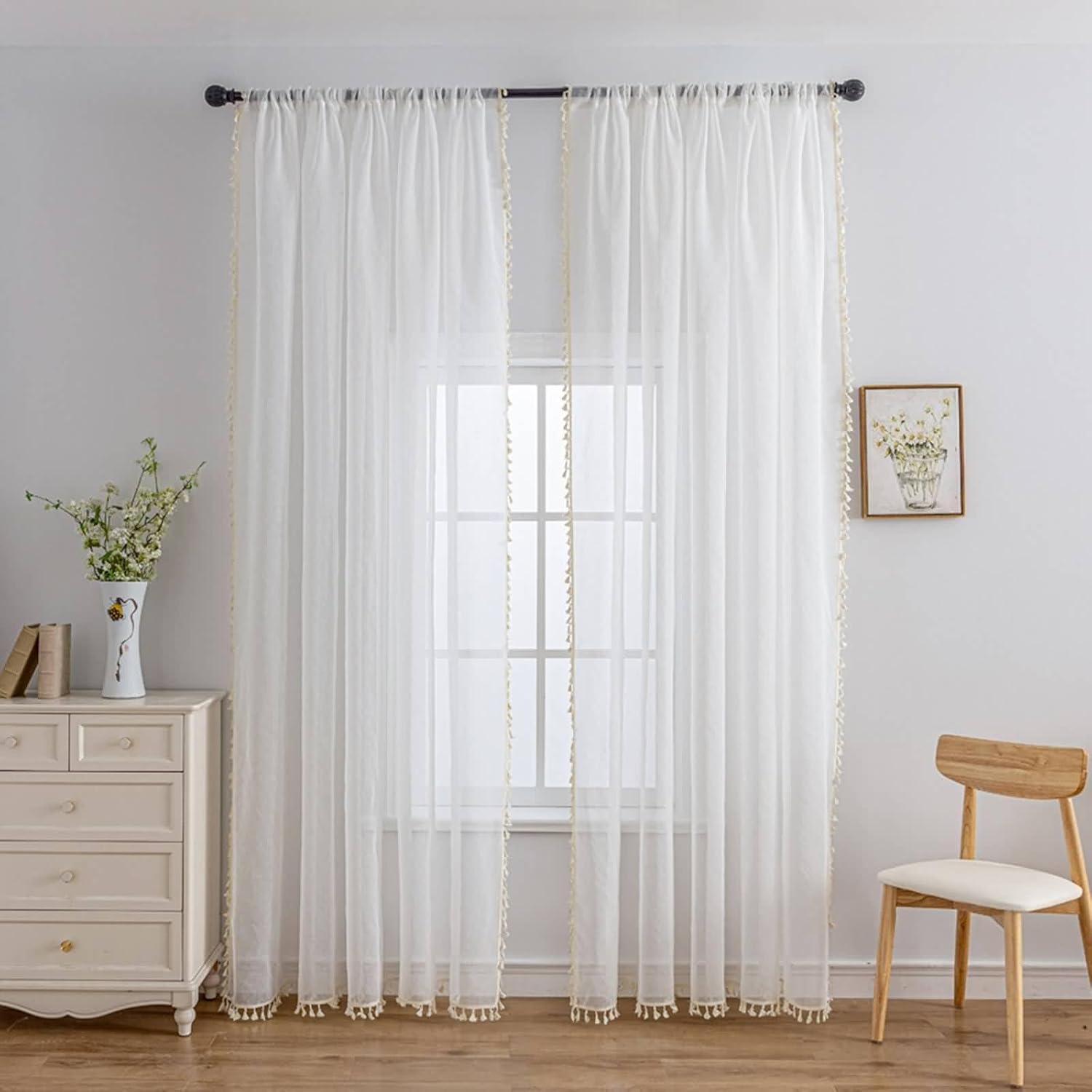 Daesar Semi Sheer Curtains 2 Panels Set 85 Inch Length, Rod Pocket Tulle Curtains Solid Color with Tassel Window Voile Panels/Drapes/Treatment for Bedroom Living Room, 55x85 Inch White Beige