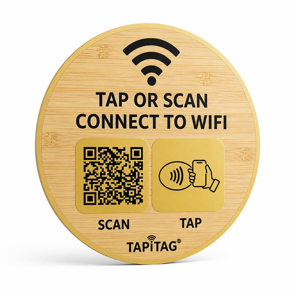 TAPiTAG Bamboo WiFi Porter Tag with NFC & QR Code, Easy WiFi Access, Tap View Copy Connect, No App Required, No Subscription, Black & Gold, 120mm