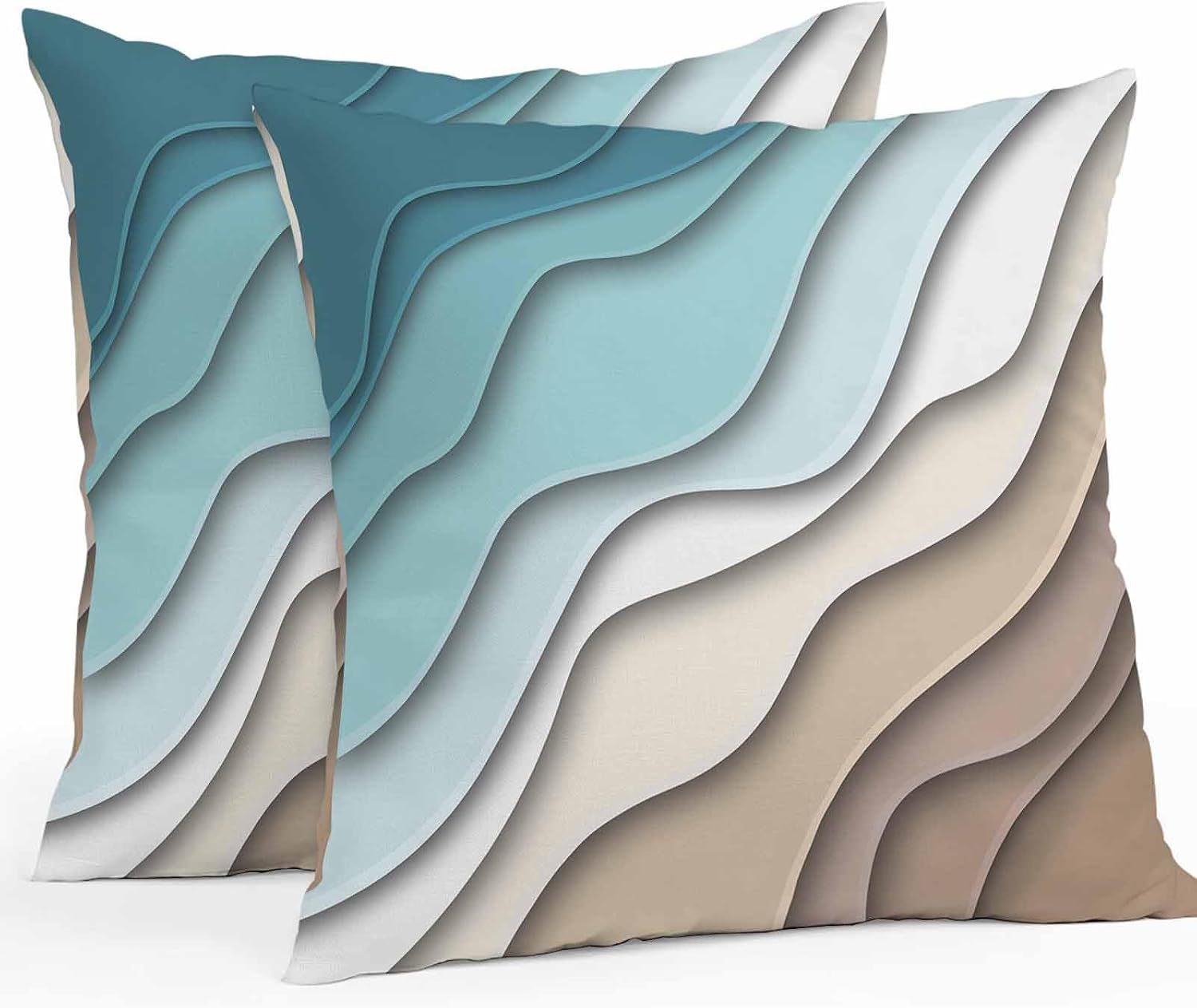 Throw Pillow Covers 20x20 Inch Set of 2, Teal Blue Ombre Cream Waterproof Outdoor Cushion Covers, Modern Geometric Brown Aesthetic Decorative Pillowcases for Couch, Sofa, Bed, Garden, Patio