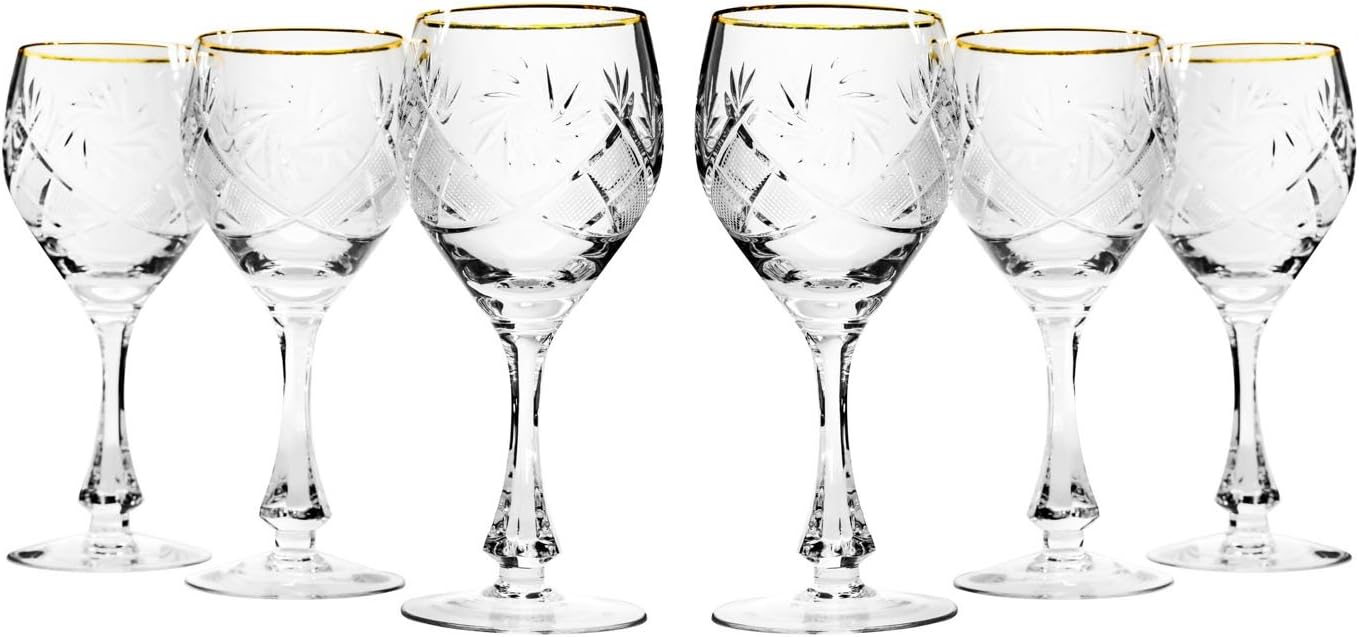 Set of 6, 10-Oz Vintage Russian Crystal Gold Rim Wine Goblet Glasses on a Stem