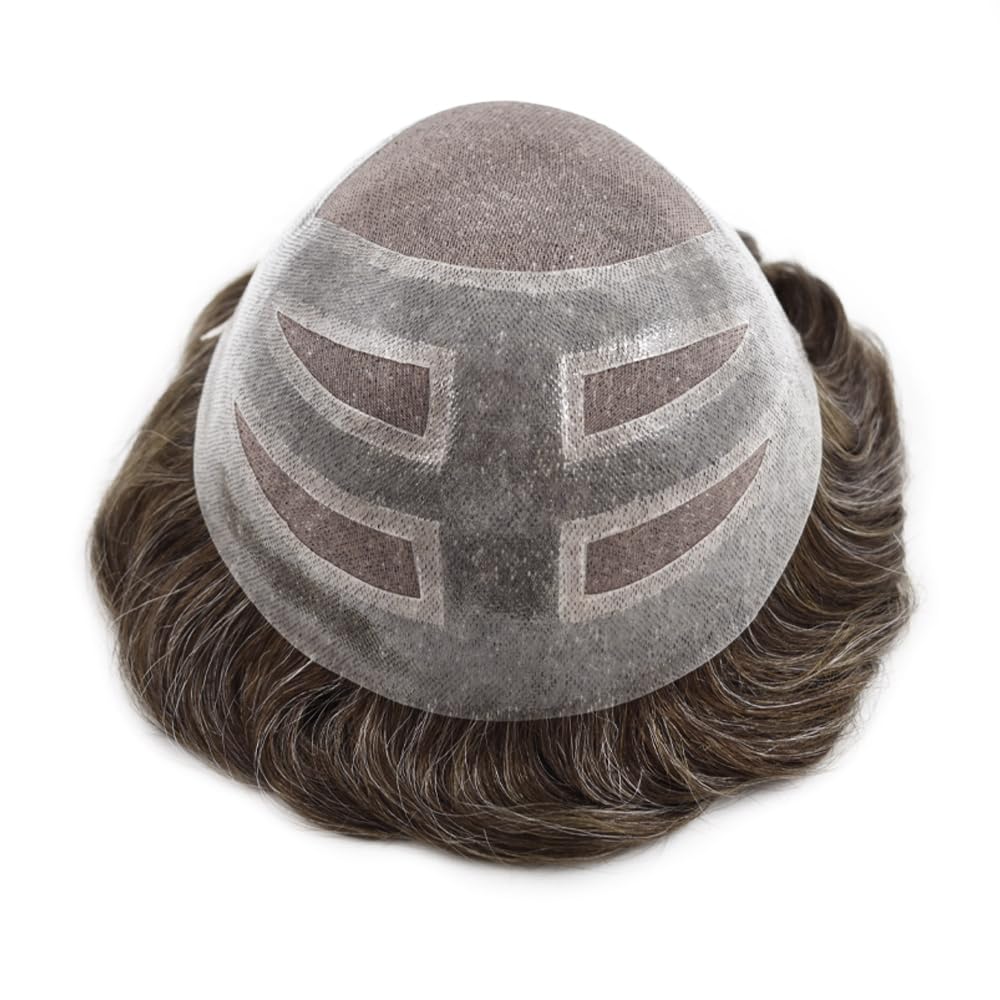 Toupee For Men Real Human Hair Replacement System French Lace Front Mens Toupee Hair Pieces Prosthesis For Men Fien Mono 8x10 Medium light density#210 2#DARKESTBROWN+10% GREY