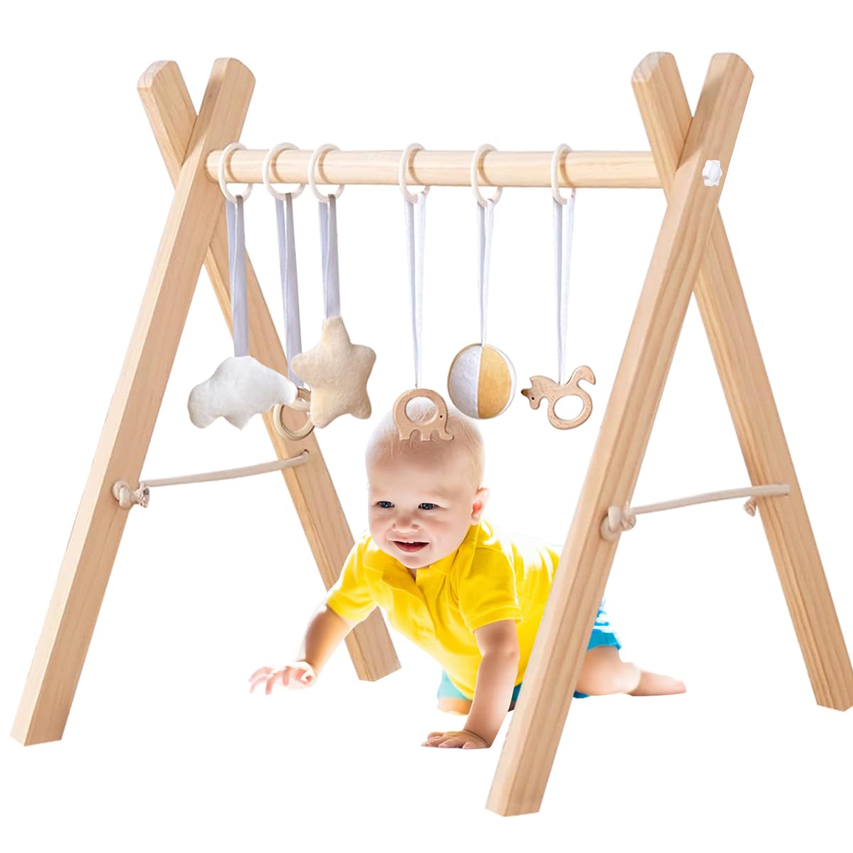 Wooden Baby Play Gym, Infant Foldable Gym with 6 Hanging Sensory Toys Stable Triangle Wood Frame Activity Gym Hanging Bar Toddler Exercise Activity Center Gift for Newborn Boy Girl 0-12 Month