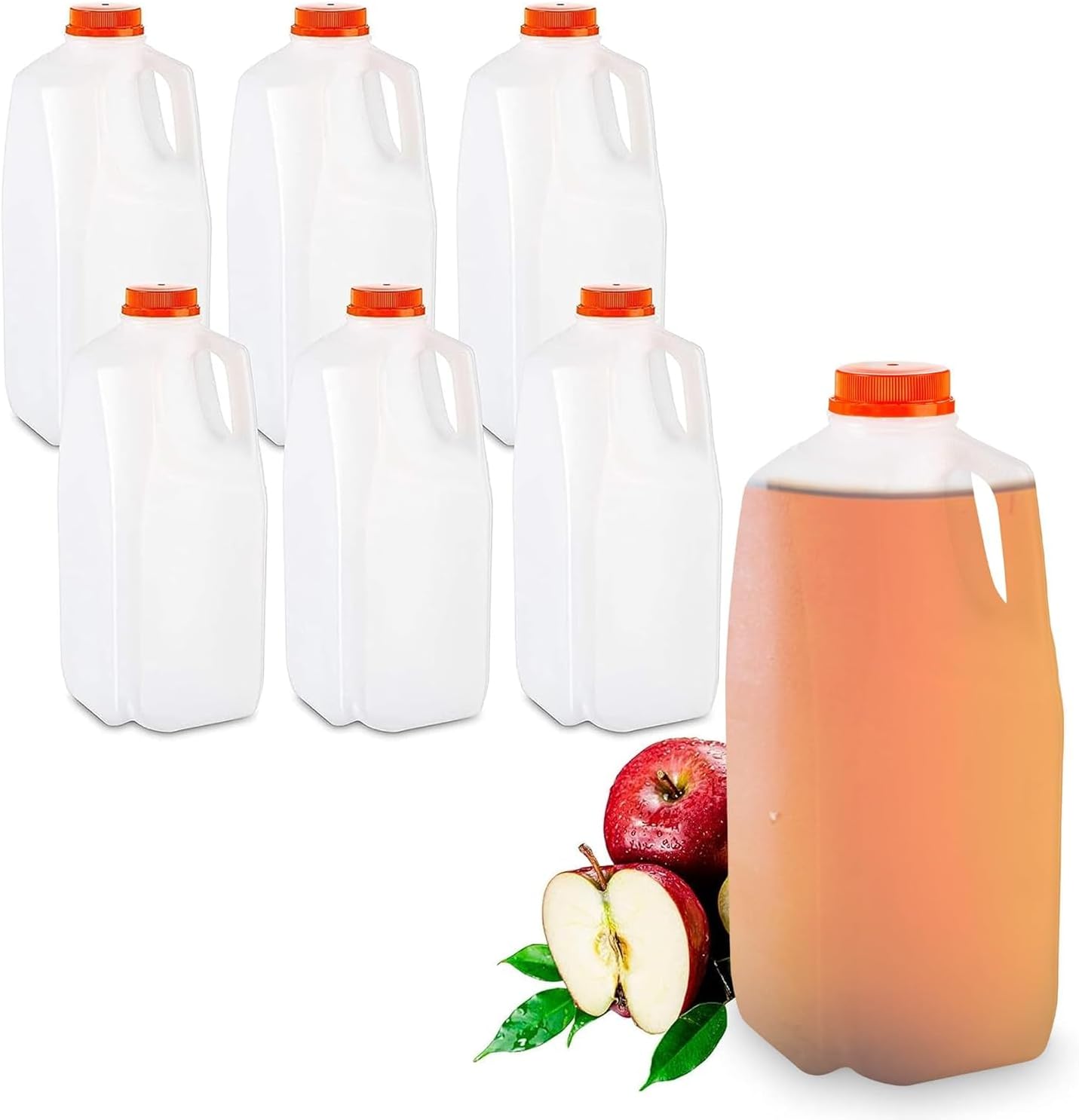 MT Products 64 Oz HDPE Plastic Juice Bottles with Orange Tamper Evident Caps Set of 6 Bottles and 6 Caps - Made in The USA