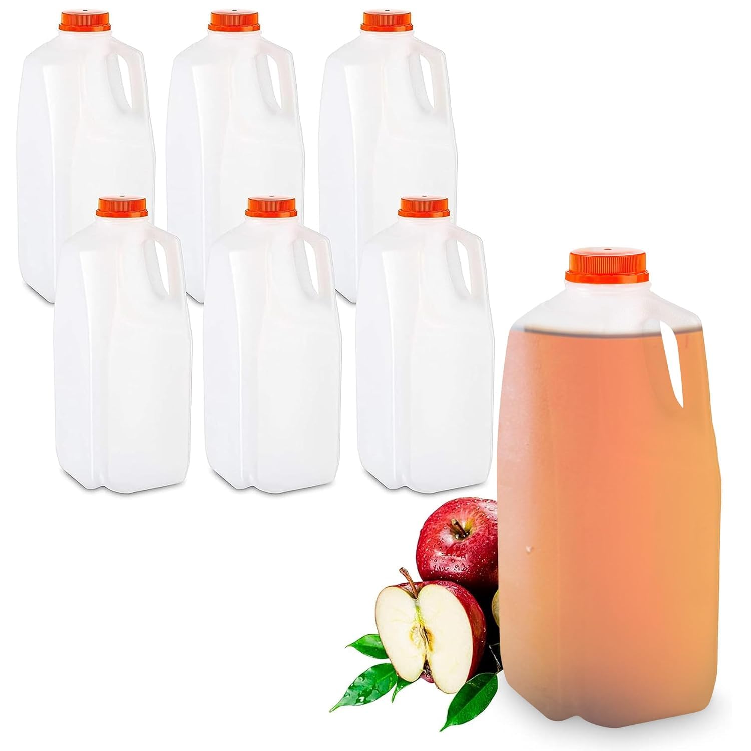 MT Products 64 Oz HDPE Plastic Juice Bottles with Orange Tamper Evident Caps by MT Products- Set of 6 Bottles and 6 Caps - Made in The USA
