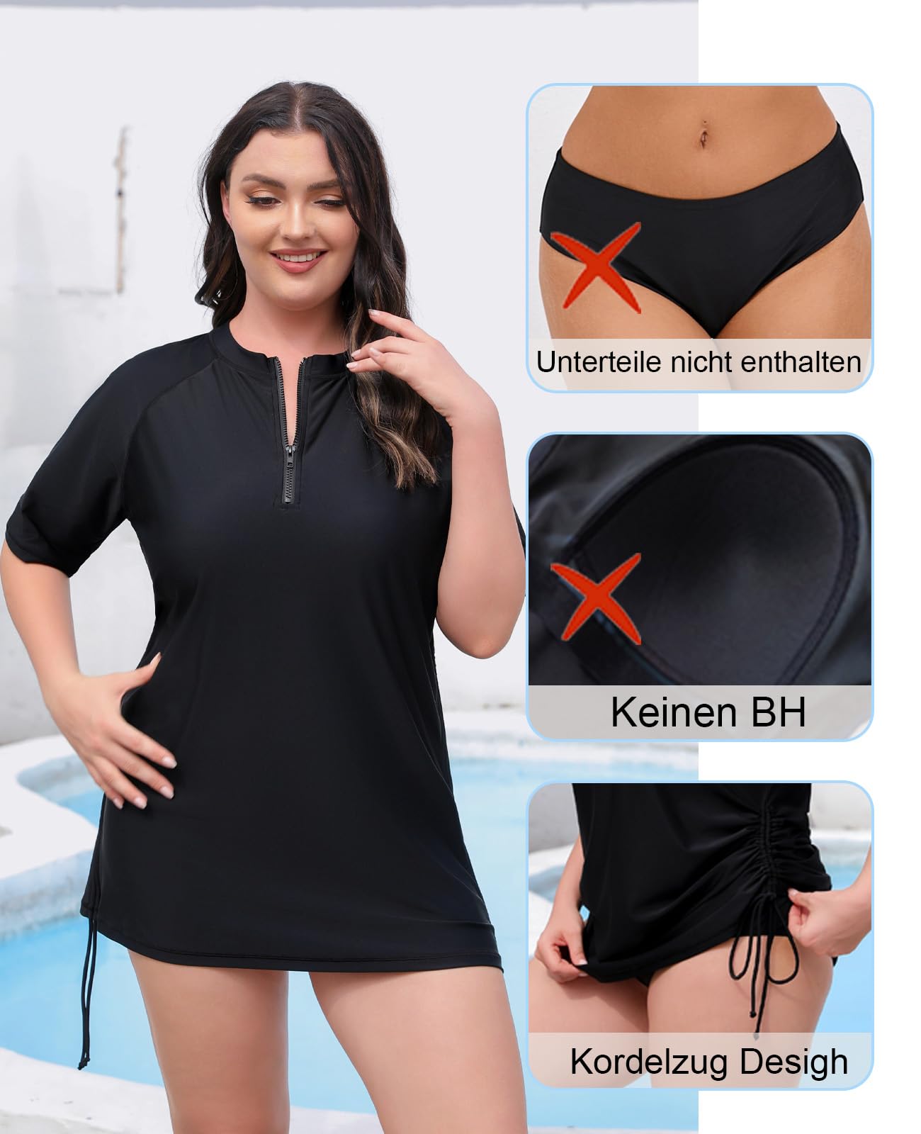 Halcurt Camiseta de natación para Mujer, Talla Grande, con protección UV, Manga Corta, Negro (Negro 3), XL Große Größen