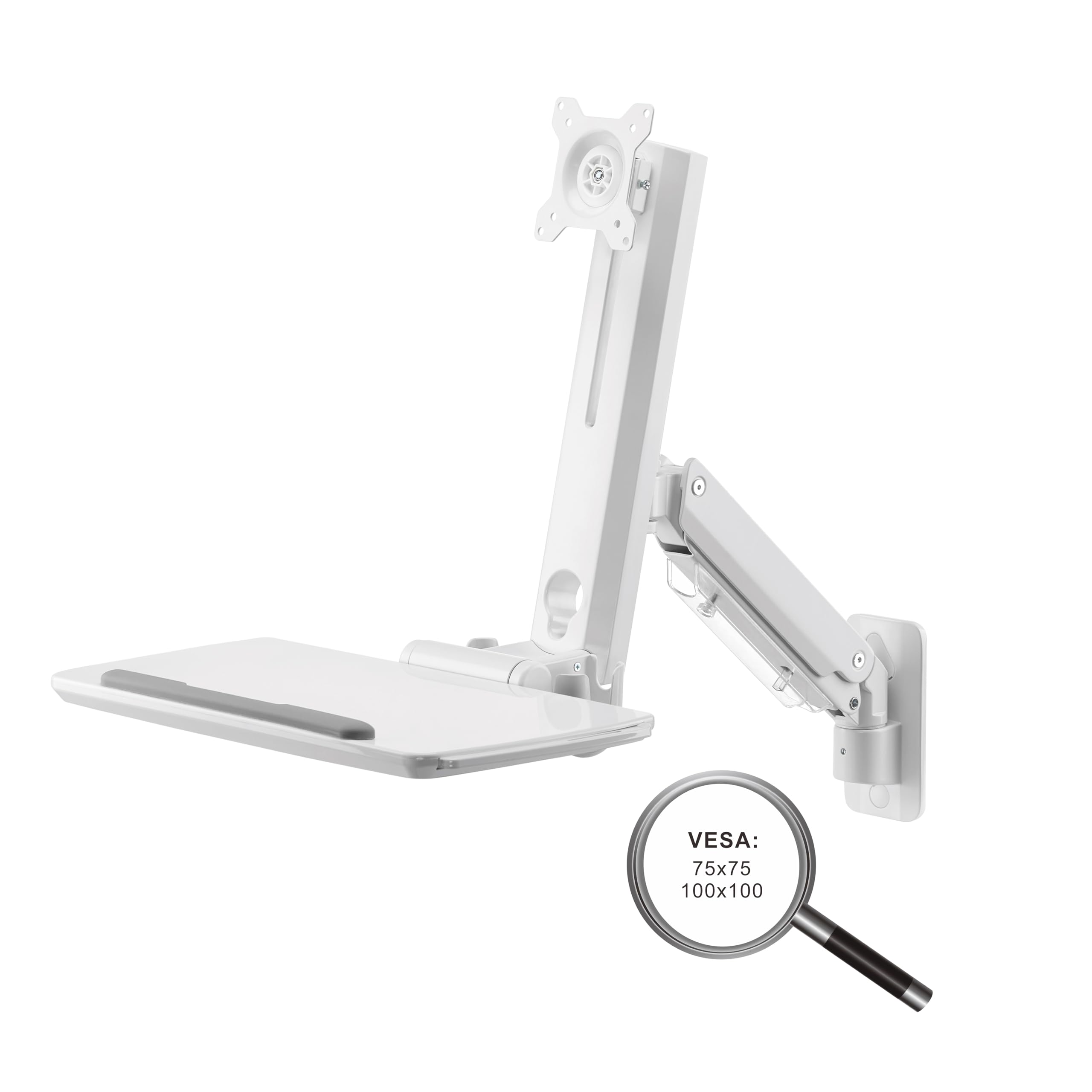 PureMounts Soporte para Monitor con Bandeja para Teclado, Soporte de Pared para Pantalla con Bandeja para Teclado, Ajustable en Altura, Giratorio, Inclinable, Estación de Trabajo de Pie, Blanco