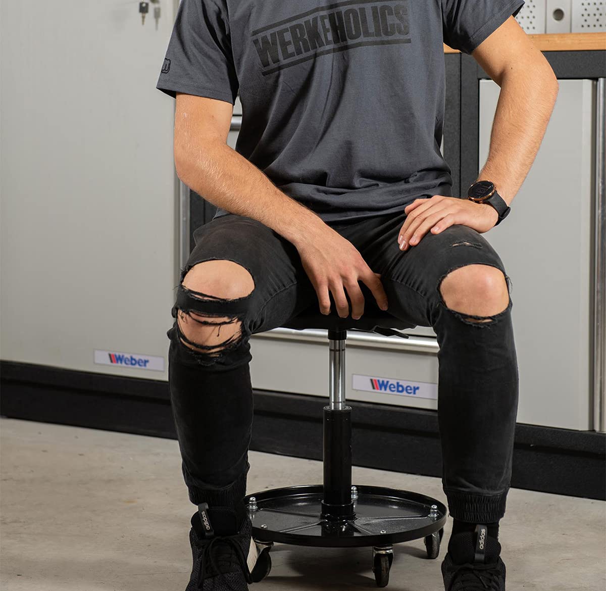 Weber Werkstatthocker, höhenverstellbar, gepolstert, 360° drehbar, Schwarz, Kunstleder, Industrial, Hocker