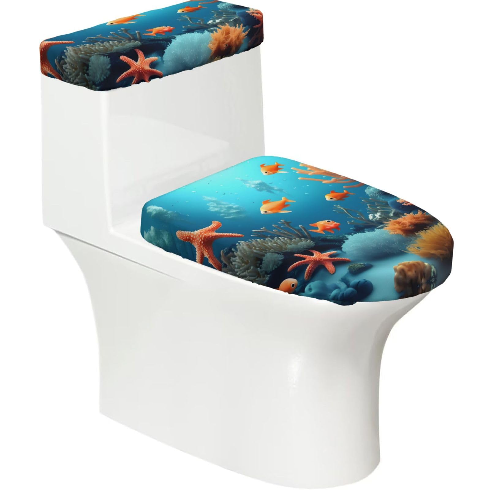 Cntdbu Black Coral Fish Underwater Stretchy Toilet Lid And Tank Cover Set-Soft Elastic Bathroom Decor For U Shape Oval