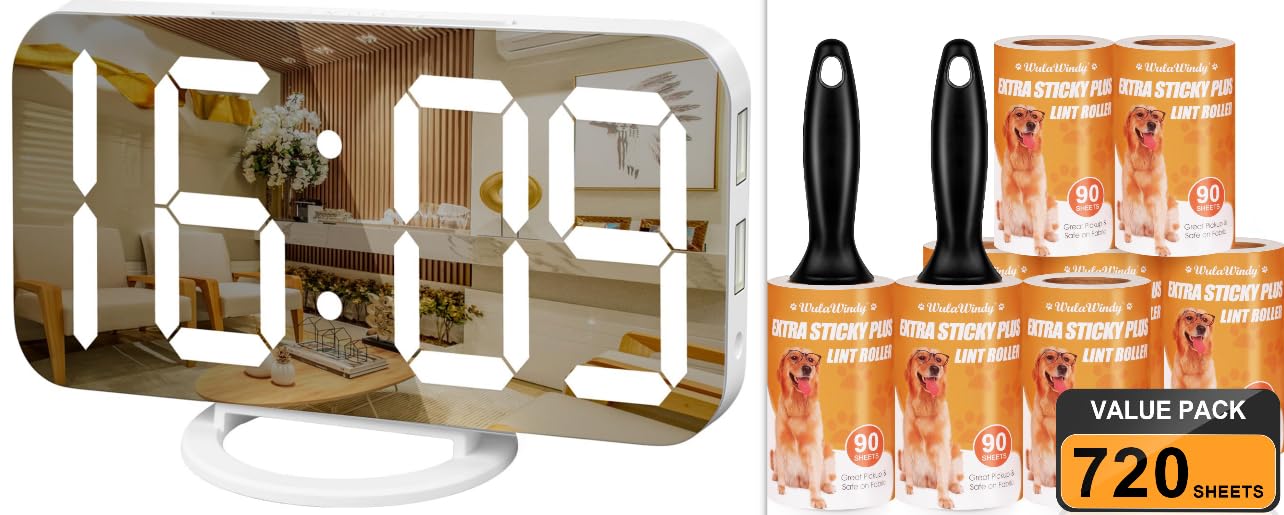 WulaWindy Digital Alarm Clock with 720 Sheets Lint Roller Work Great on Pet Hair, Value Pack