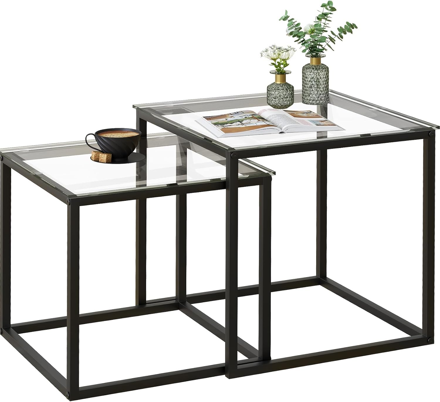 Juego de 2 mesas de centro cuadradas, salón moderno, mesa de café de cristal, auxiliar 50/45 cm, negro