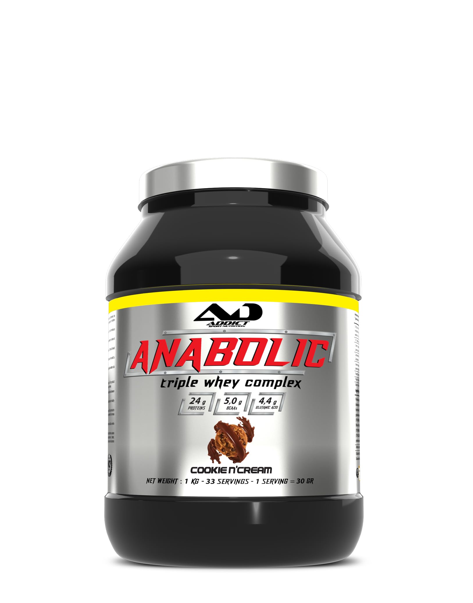 Addict sport nutrition - Anabolic whey - Protéine de lactosérum concentrée, isolée et hydrolysée - Protéine pure - BCAA - Glutamine - Croissance musculaire et récupération - 1kg - Cookie N'cream