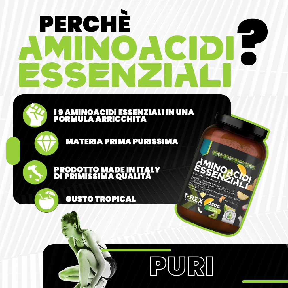 EAA Aminoacidi Essenziali con mix di vitamine B1, B6 ed E - Integratore di amminoacidi naturali vegan ottenuti da fermentazione T-Rex Integratori (Tropical, Polvere)