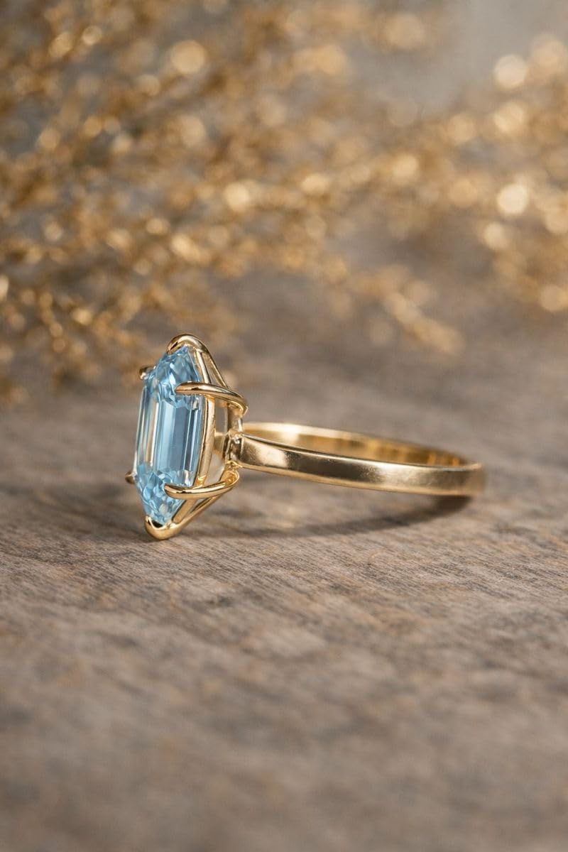 Hexagon Cut Blue Aquamarine Engagement Ring for Women 14K yellow Gold Solitaire Vintage Minimal Handmade Promise Ring Gift for Her