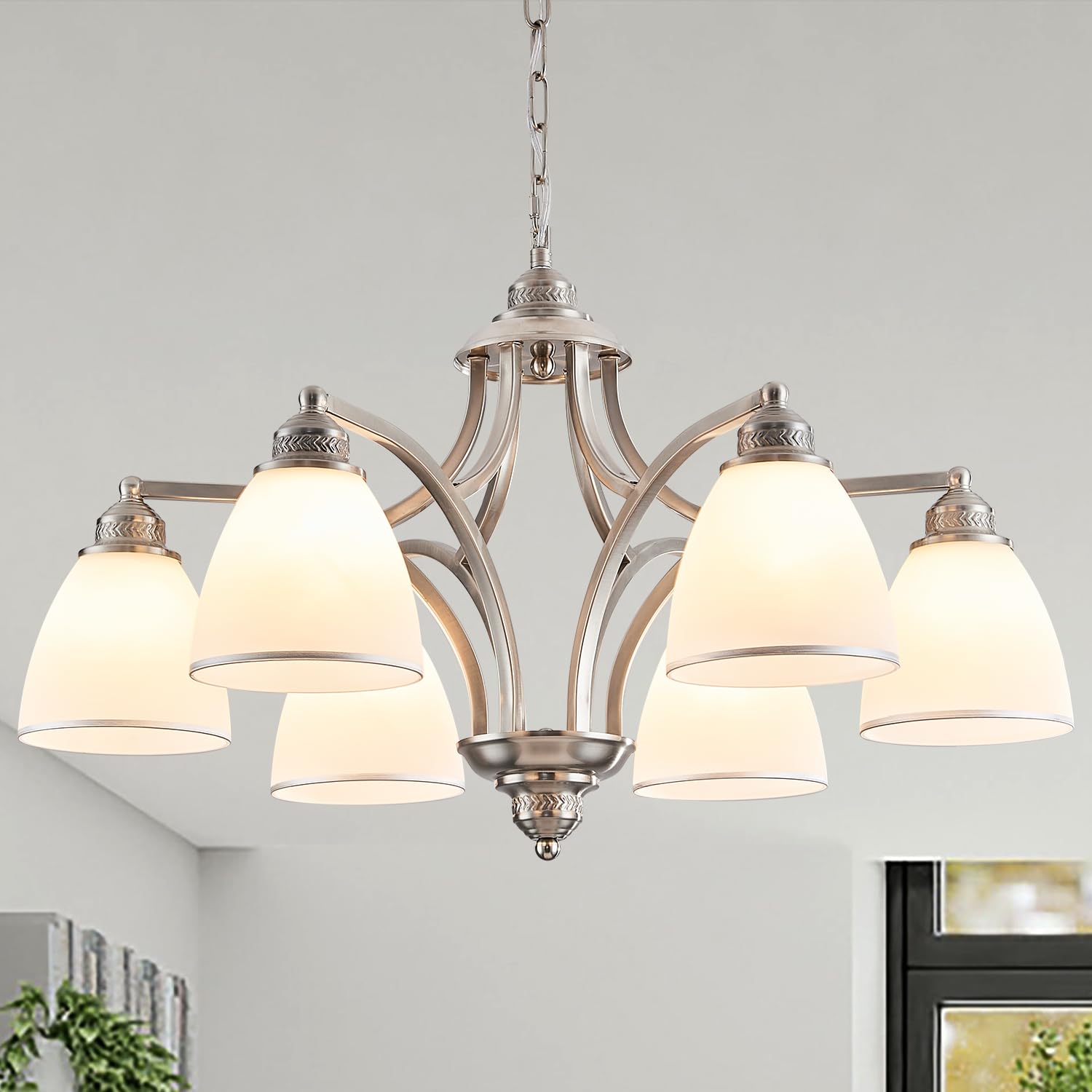 6-Light Brushed Nickel Farmhouse Chandelier for Dining Room with Milk White Frosted Glass Shades Adjustable Max Length 47