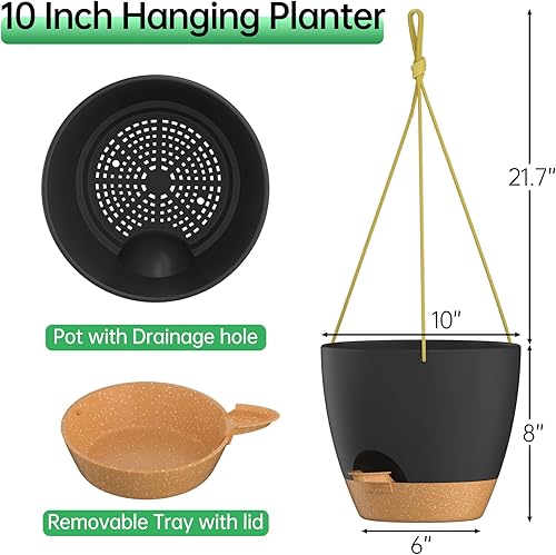 Miniatura 2 de ZMTECH Paquete de 2 macetas colgantes de 10 pulgadas con borde de riego automático con agujeros de drenaje y platillo extraíble, maceta de plástico